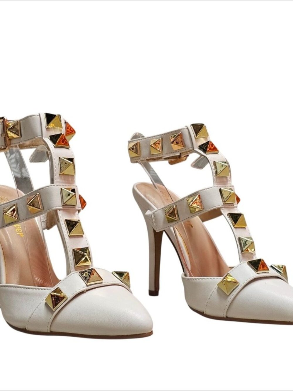White Studded Pointed-Toe High Heels With Adjustable Buckle Strap & T-Strap Desi - Picture 4 of 15